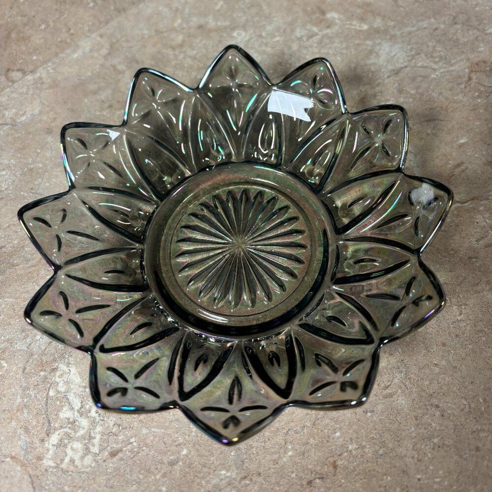 Vintage Indiana Glass Diamond Point Smoke Gray / Iridescent Dessert Dish